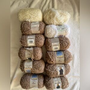 Bernat Soft Boucle yarn lot 12 skeins. Brown, Cream and white.